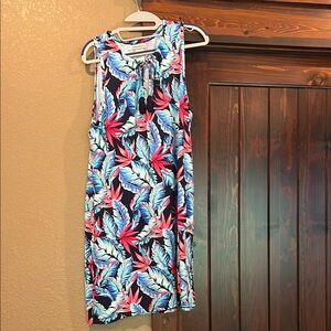 Tommy Bahama Blues and Reds, coral Leaf Print Midi Dress